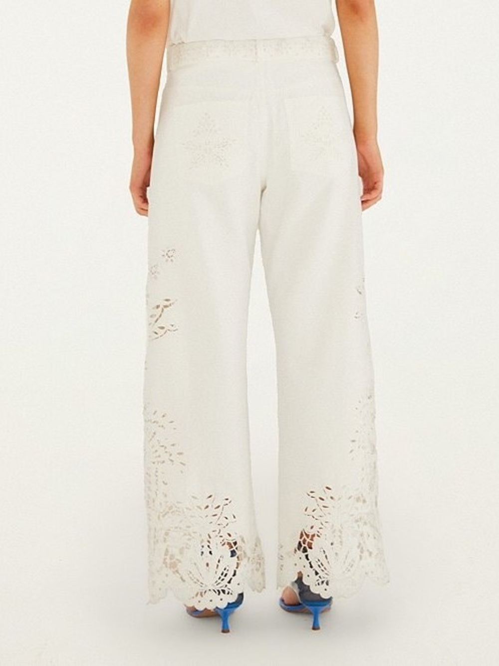 Farm Rio High Rise Embroidered Eyelet off-white Denim Wide Leg Pants - size 26 - Picture 2 of 13